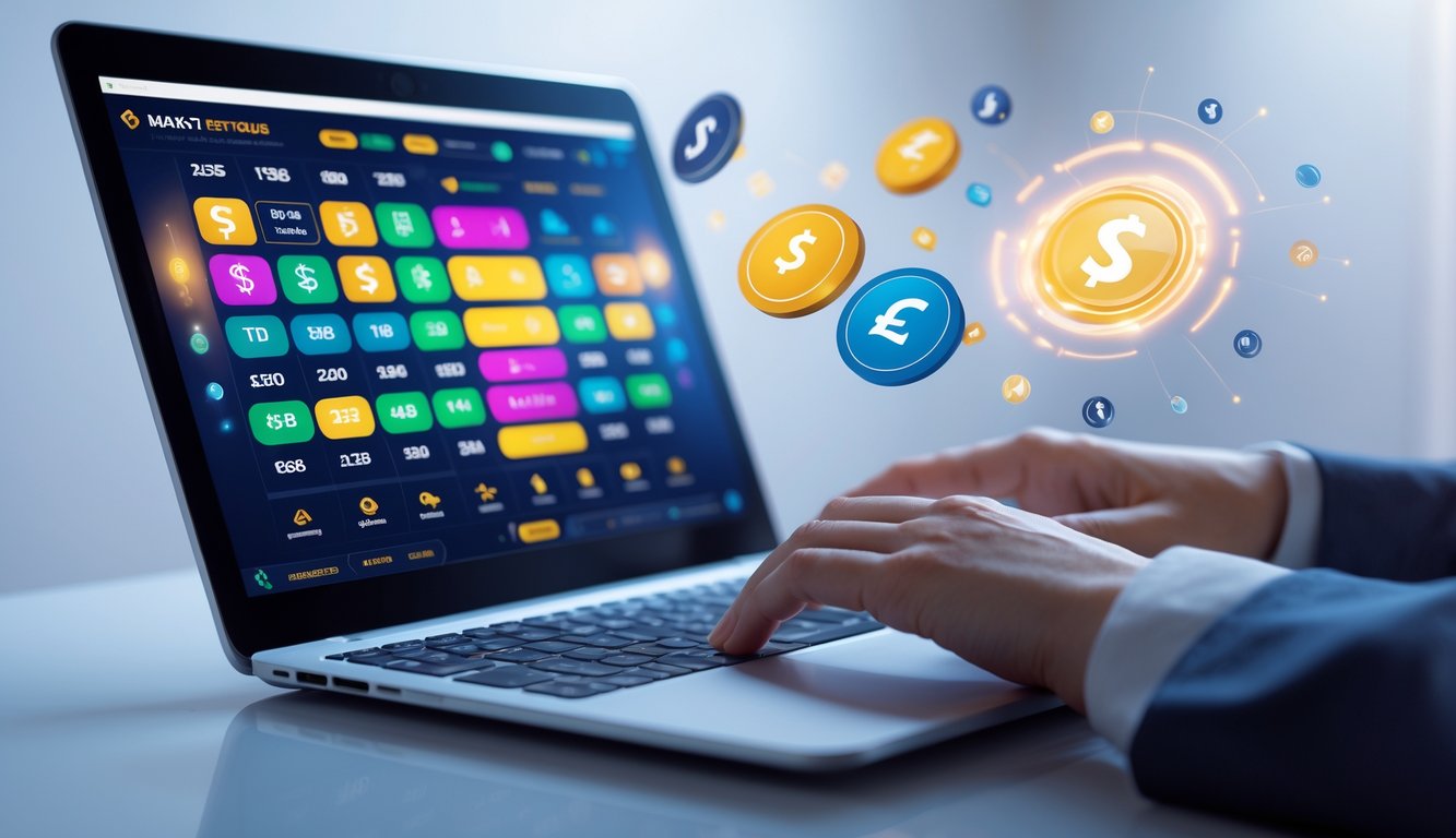 Sebuah laptop menampilkan antarmuka permainan togel online dengan ikon pembayaran digital di sekitar, menunjukkan transaksi cepat dan pasar lengkap.