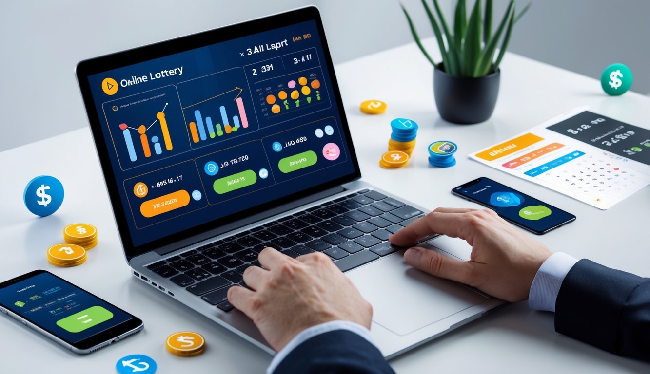 Sebuah laptop di meja kerja menampilkan antarmuka digital terkait togel online dengan ponsel di samping yang menunjukkan konfirmasi pembayaran, menggambarkan konsep bandar togel online dengan pasar lengkap dan pembayaran cepat.