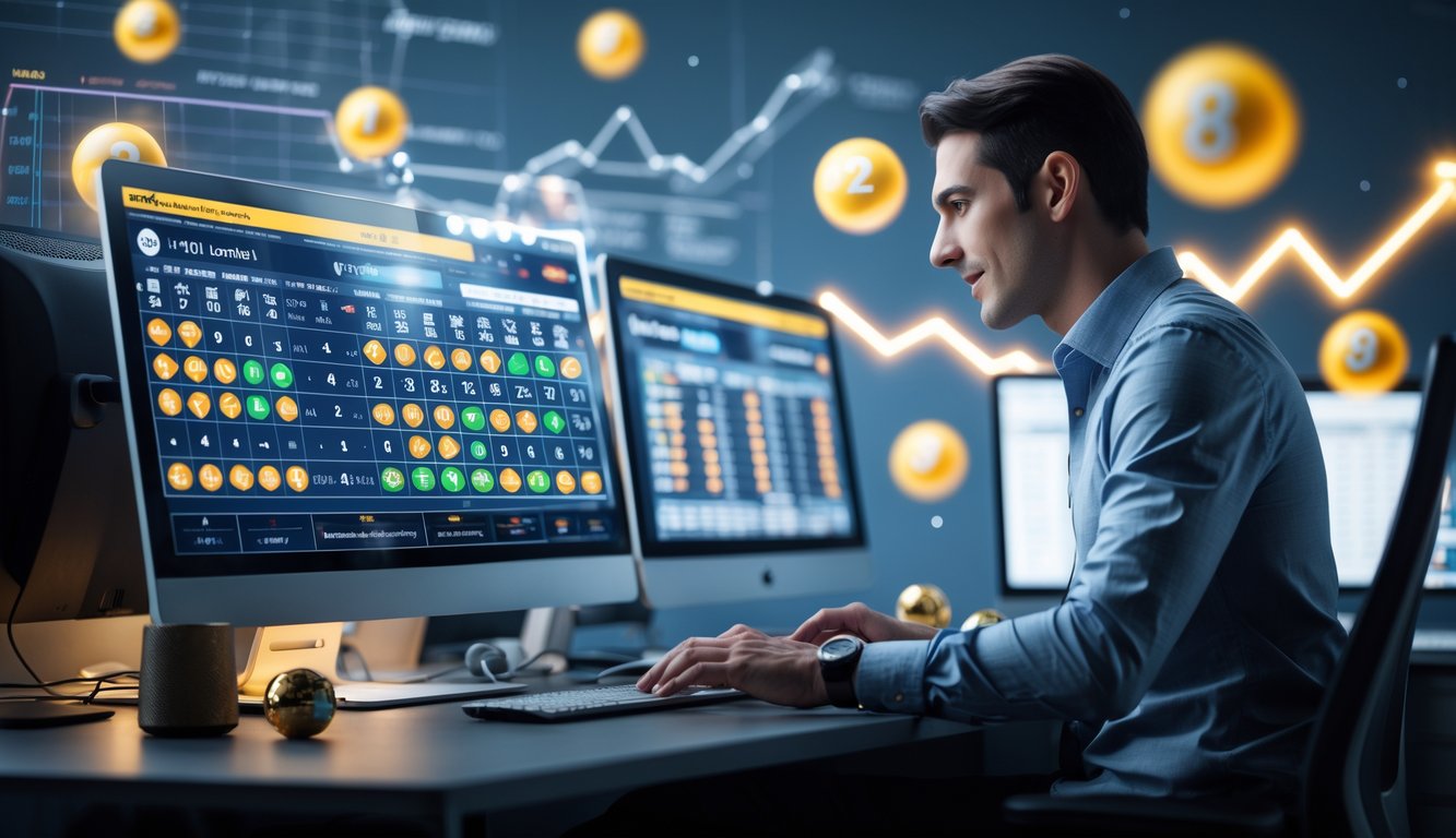Seseorang sedang menggunakan komputer dengan beberapa layar yang menampilkan data pasar togel online dan grafik peluang menang.