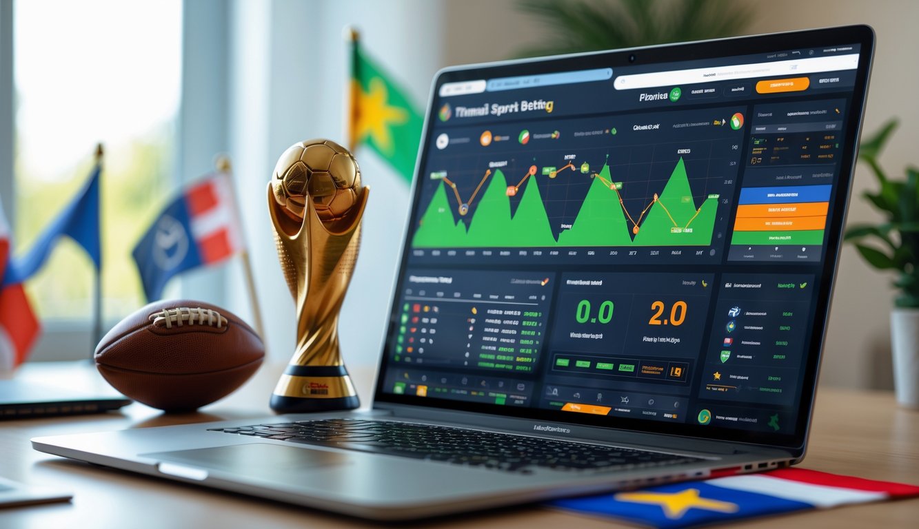 Seseorang sedang menggunakan laptop di meja kerja dengan tema taruhan sepak bola Piala Dunia, dikelilingi oleh miniatur bola dan bendera negara.