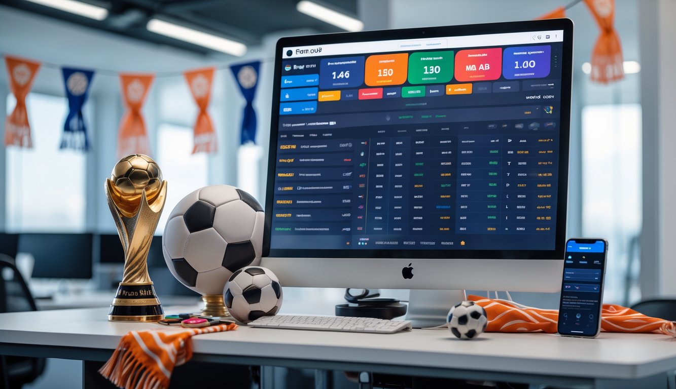 Meja kerja modern dengan komputer yang menampilkan antarmuka taruhan sepak bola Piala Dunia, bola sepak, trofi mini Piala Dunia, dan ponsel dengan aplikasi taruhan.