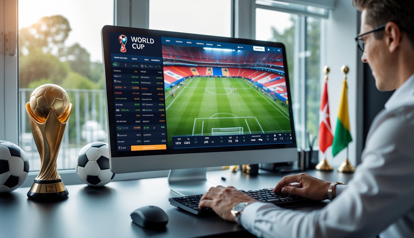 Meja kerja dengan komputer yang menampilkan pertandingan sepak bola dan antarmuka taruhan online untuk Piala Dunia.