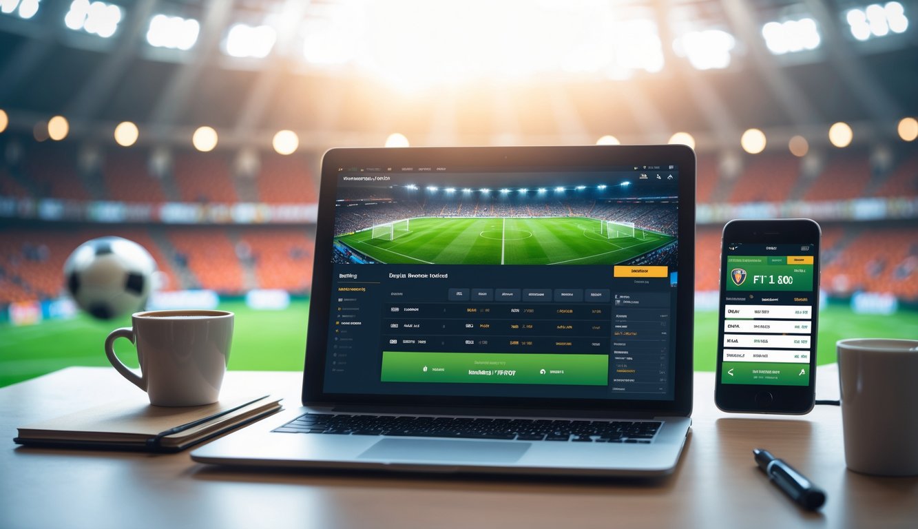 Seorang pengguna bekerja dengan laptop yang menampilkan situs taruhan bola online resmi dengan latar belakang stadion sepak bola dan penonton.