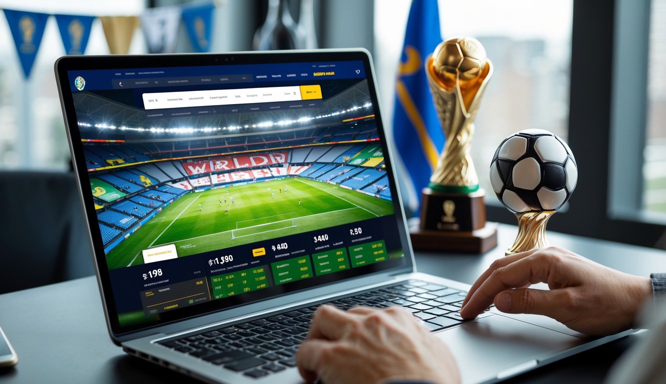 Seseorang menggunakan laptop dengan tampilan situs taruhan sepak bola Piala Dunia di meja kerja.