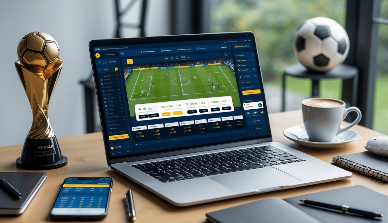 Seseorang sedang menggunakan laptop dan ponsel untuk taruhan sepak bola Piala Dunia di meja kerja dengan dekorasi bola dan trofi kecil di latar belakang.