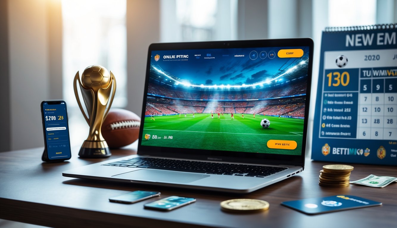 Seorang pria menggunakan laptop dengan pertandingan sepak bola Piala Dunia yang sedang berlangsung di layar, di meja terdapat ponsel dan kartu kredit yang menunjukkan aktivitas taruhan online.