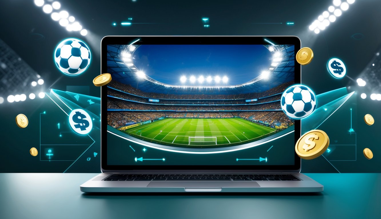 Seorang pengguna melihat pertandingan sepak bola Piala Dunia di layar perangkat dengan latar stadion dan elemen digital yang menggambarkan taruhan online.