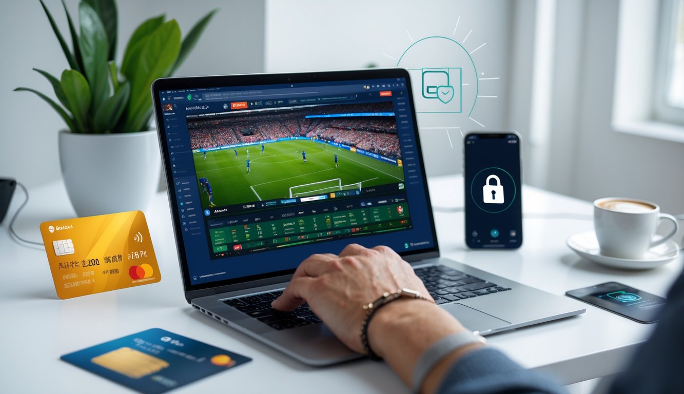 Seorang pengguna di depan laptop menonton pertandingan sepak bola dan melakukan taruhan online dengan suasana kerja yang rapi dan aman.