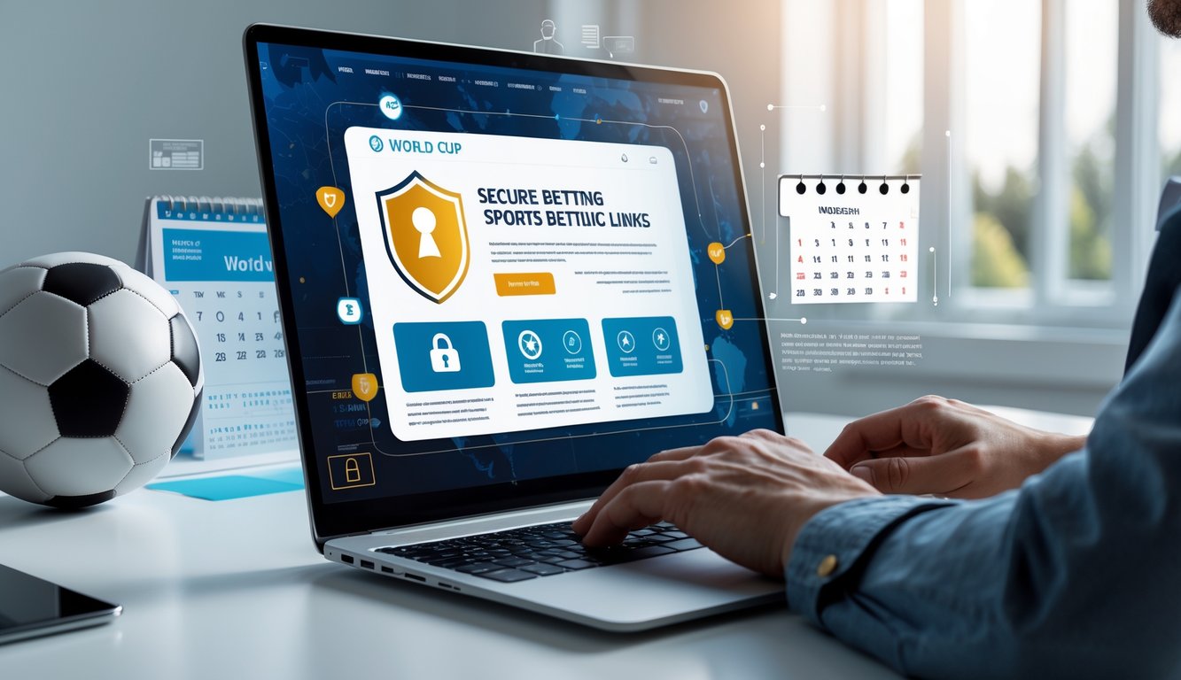 Seseorang menggunakan laptop di ruang kerja dengan bola sepak dan kalender Piala Dunia terlihat di sekitar.