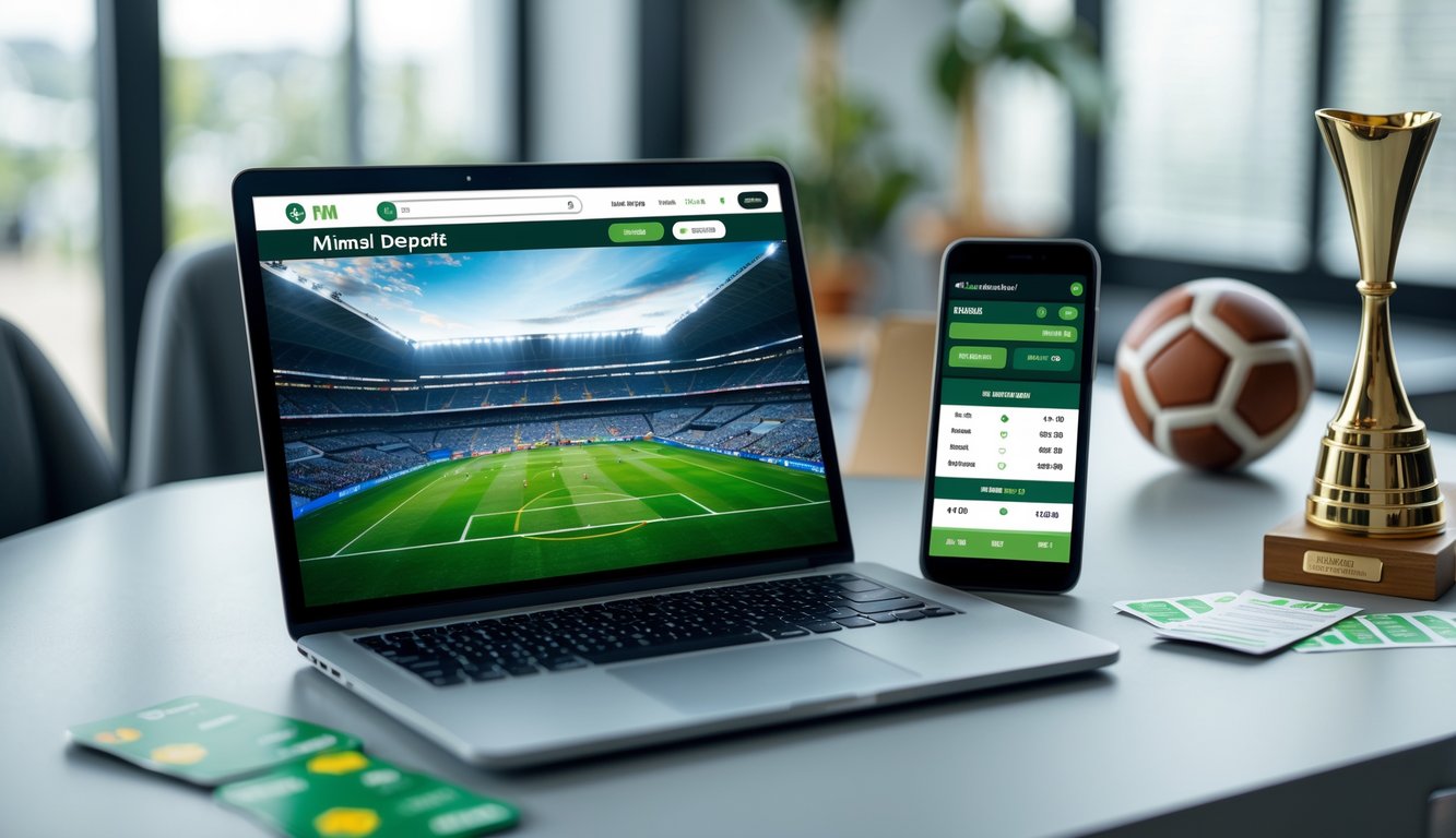 Meja kerja dengan laptop menampilkan pertandingan sepak bola Piala Dunia dan ponsel yang menunjukkan aplikasi taruhan dengan deposit kecil.