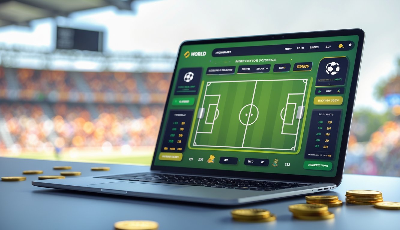 Seorang pengguna berinteraksi dengan perangkat digital yang menampilkan antarmuka taruhan sepak bola Piala Dunia dengan simbol uang kecil di sekitar perangkat.