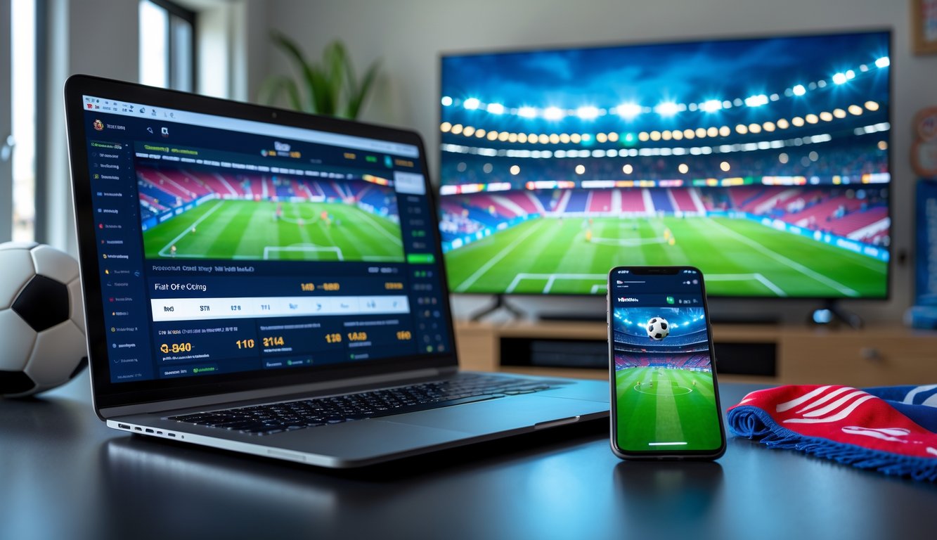 Seorang pria menggunakan laptop dan ponsel dengan layar menampilkan statistik pertandingan sepak bola, di latar belakang stadion sepak bola penuh penonton yang bersorak.