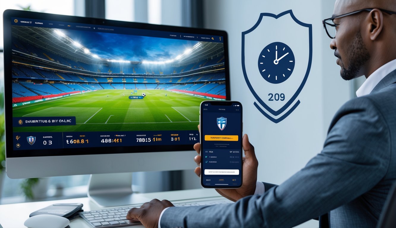 Seorang pria menggunakan komputer dan ponsel untuk memasang taruhan sepak bola Piala Dunia secara online di ruang kerja modern.