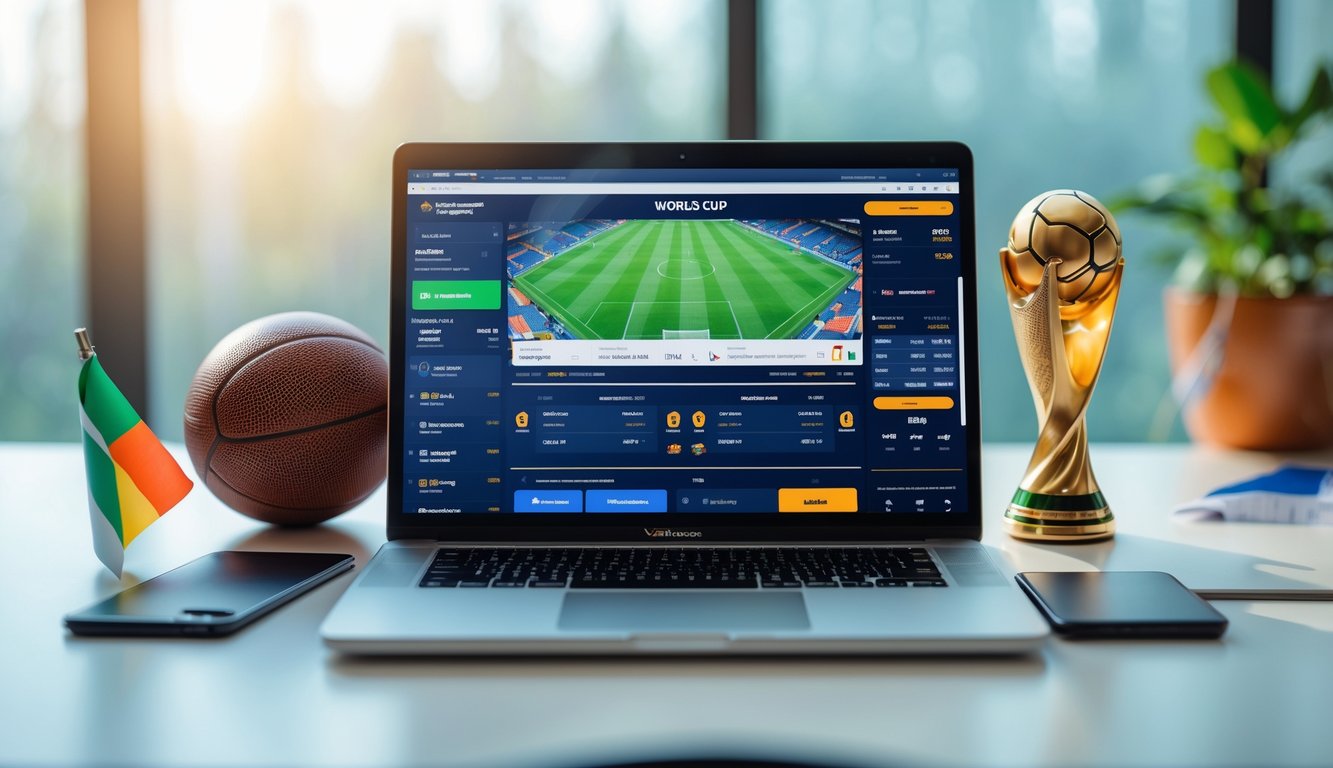 Seorang pengguna komputer di meja kerja dengan layar menampilkan situs taruhan sepak bola dan elemen terkait Piala Dunia seperti bola dan trofi kecil.