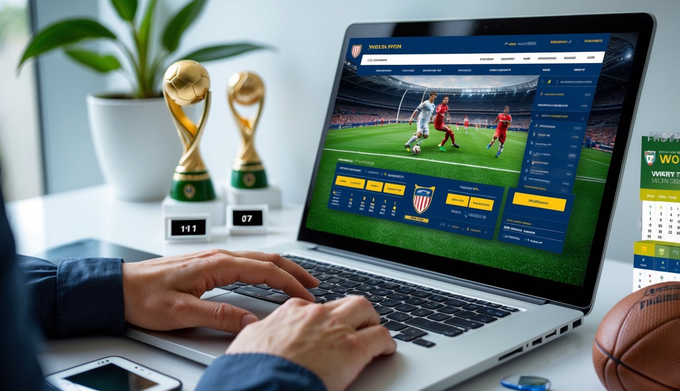 Seseorang menggunakan laptop dengan tampilan situs taruhan bola online bertema Piala Dunia di meja kerja yang rapi.