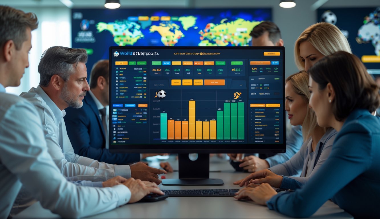 Beberapa orang sedang menggunakan komputer dengan tampilan antarmuka taruhan sepak bola Piala Dunia yang lengkap dan detail.