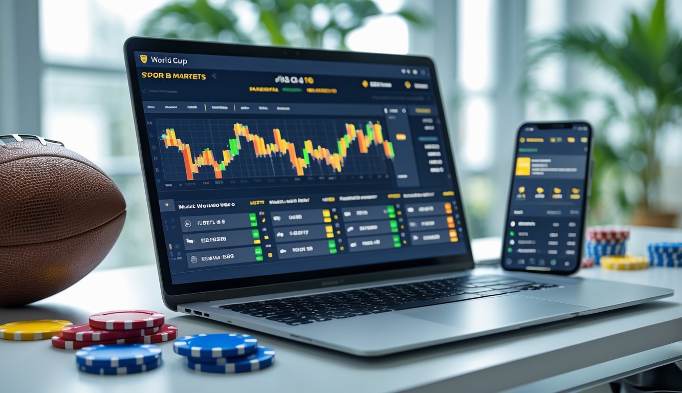Seorang pria menggunakan laptop di meja dengan bola sepak dan chip taruhan di sekitarnya, menampilkan suasana taruhan olahraga online Piala Dunia.