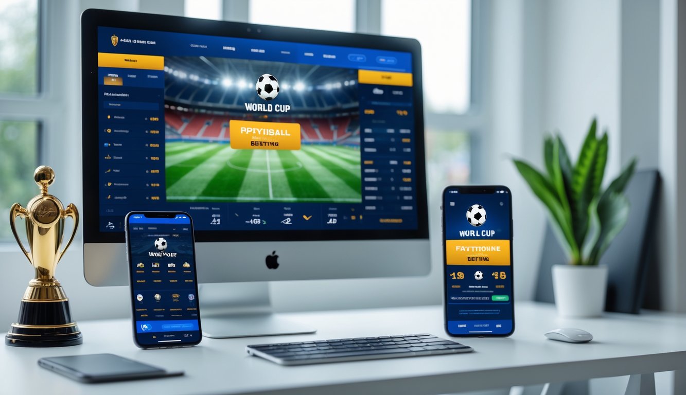 Meja kerja modern dengan komputer dan ponsel yang menampilkan aplikasi taruhan sepak bola Piala Dunia.