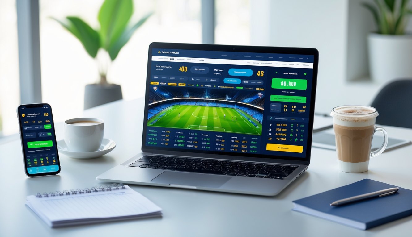 Seorang pria menggunakan laptop di meja kerja dengan tampilan situs taruhan sepak bola Piala Dunia di layar.