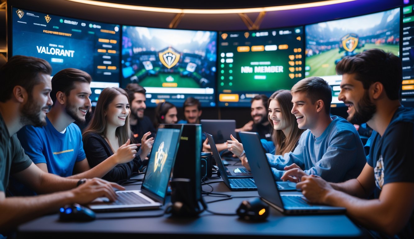 Beberapa orang muda sedang menggunakan komputer dan ponsel dengan tampilan permainan Valorant di layar, terlihat fokus dan antusias dalam suasana bertema esports.