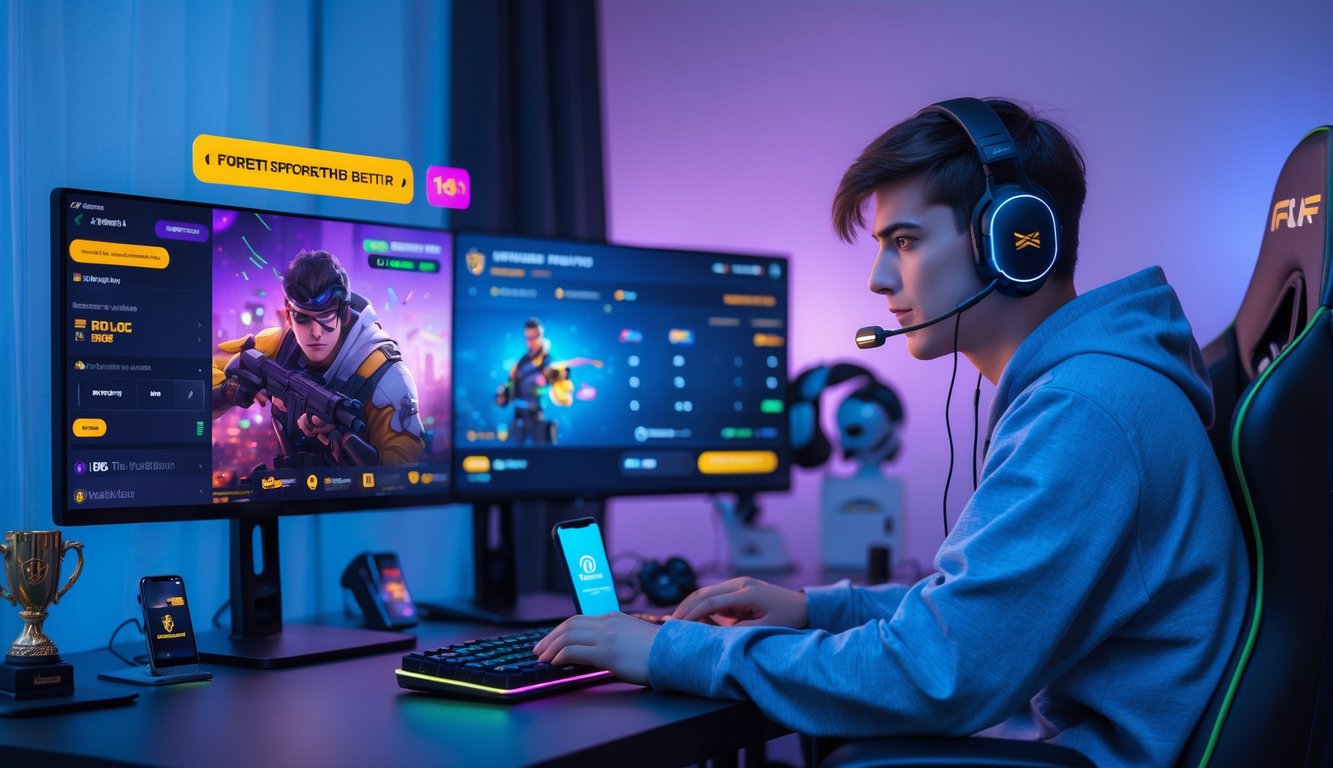 Seorang gamer muda yang fokus duduk di depan dua monitor menampilkan permainan Valorant dan aplikasi taruhan online di lingkungan yang modern dan berteknologi tinggi.