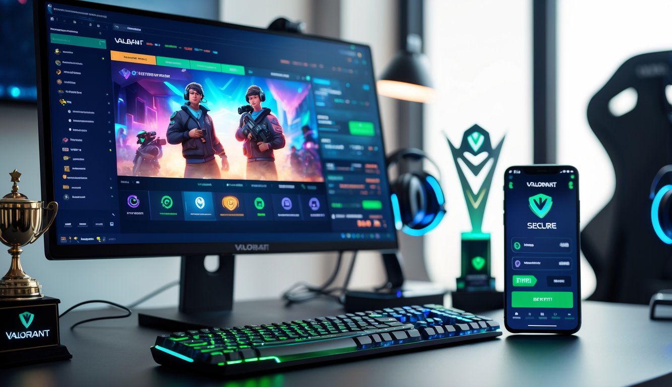 Sebuah meja kerja modern dengan komputer menampilkan permainan Valorant dan ponsel yang menunjukkan aplikasi taruhan esports yang aman.