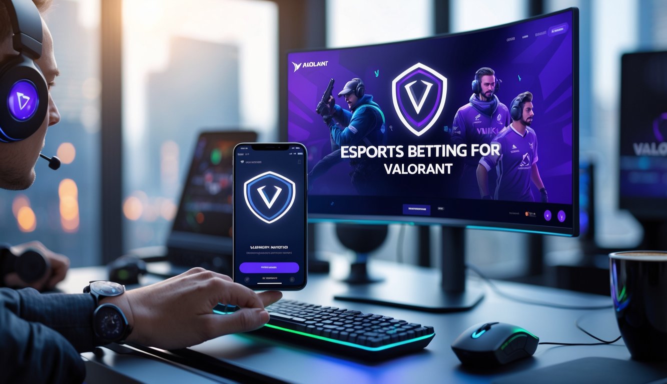 Meja kerja modern dengan monitor menampilkan permainan Valorant dan tangan seseorang menggunakan mouse di samping ponsel yang menunjukkan aplikasi taruhan yang aman.
