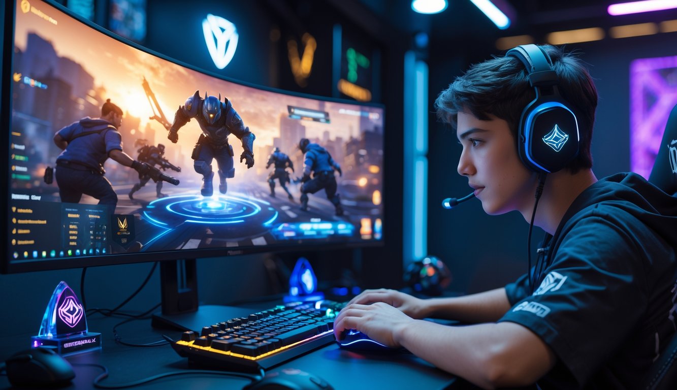Seorang pemain muda sedang fokus bermain game Valorant di depan monitor besar dengan perlengkapan gaming lengkap di ruangan yang rapi dan berlampu warna-warni.