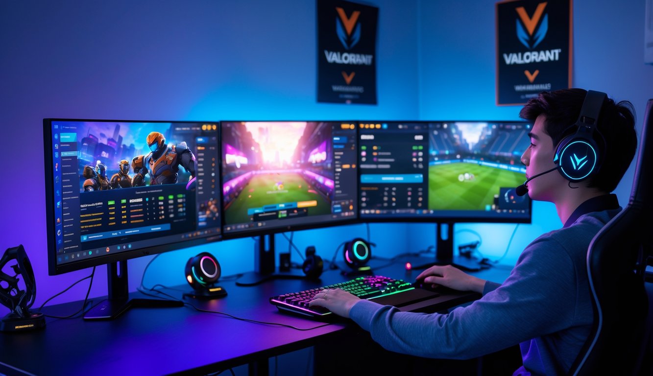 Seorang pemuda duduk di depan meja dengan beberapa monitor yang menampilkan permainan Valorant dan antarmuka taruhan esports, dikelilingi perlengkapan gaming dan pencahayaan LED biru dan ungu.