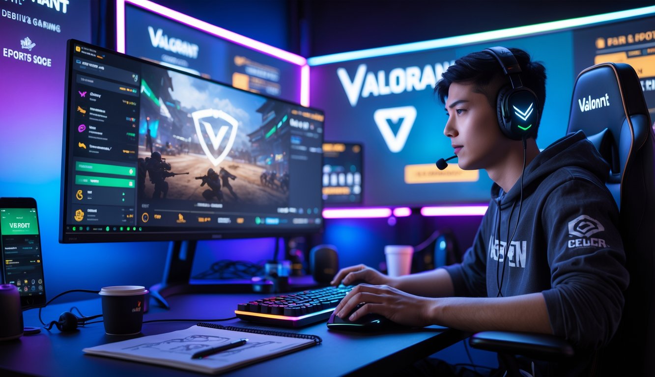 Seorang gamer muda fokus bermain Valorant di depan komputer dengan perlengkapan gaming lengkap dan suasana ruangan yang modern dan berwarna-warni.