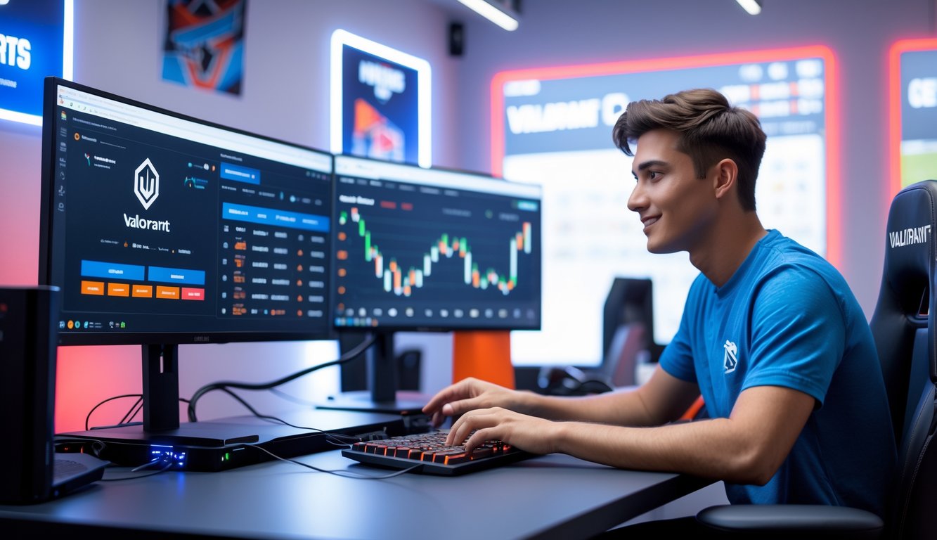 Seseorang sedang menggunakan komputer dengan beberapa layar yang menampilkan permainan Valorant dan grafik peluang taruhan di sebuah ruang kerja modern.