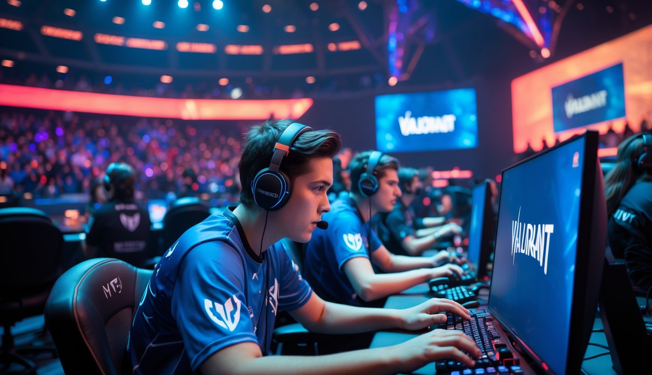 Sejumlah pemain esports muda sedang fokus bermain Valorant di arena turnamen dengan lampu warna biru dan merah serta penonton di latar belakang.