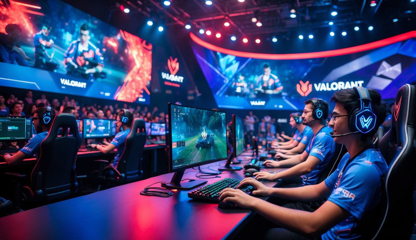 Suasana turnamen esports Valorant dengan pemain profesional sedang bermain dan penonton menonton dengan antusias.