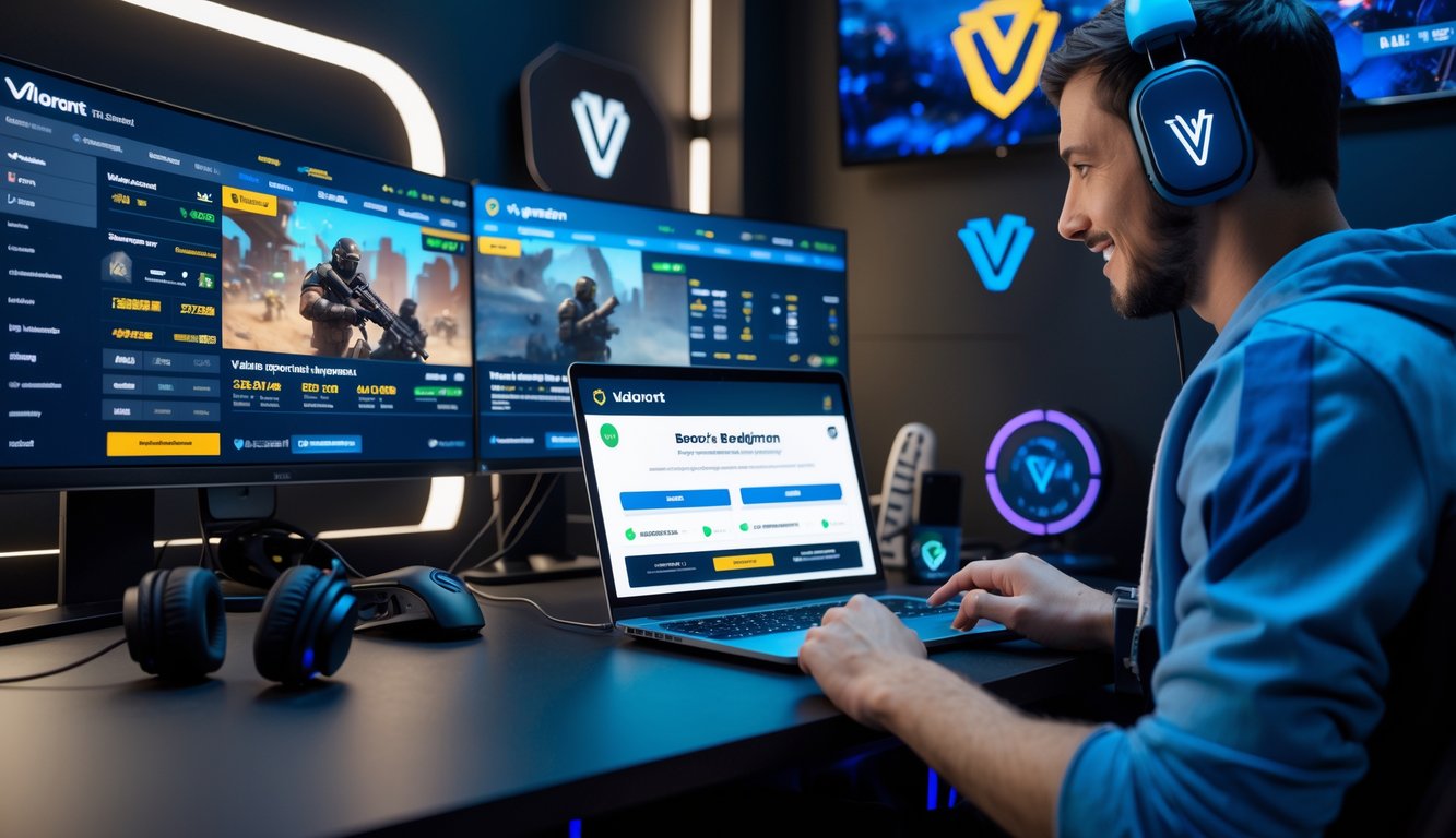 Sebuah ruang kerja modern dengan peralatan gaming yang menampilkan permainan Valorant dan aktivitas taruhan esports.