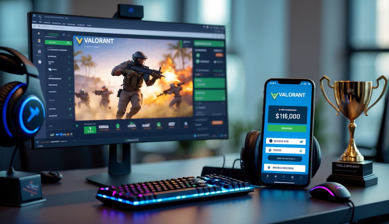 Meja kerja modern dengan komputer menampilkan permainan Valorant dan ponsel dengan aplikasi taruhan esports yang mudah digunakan.