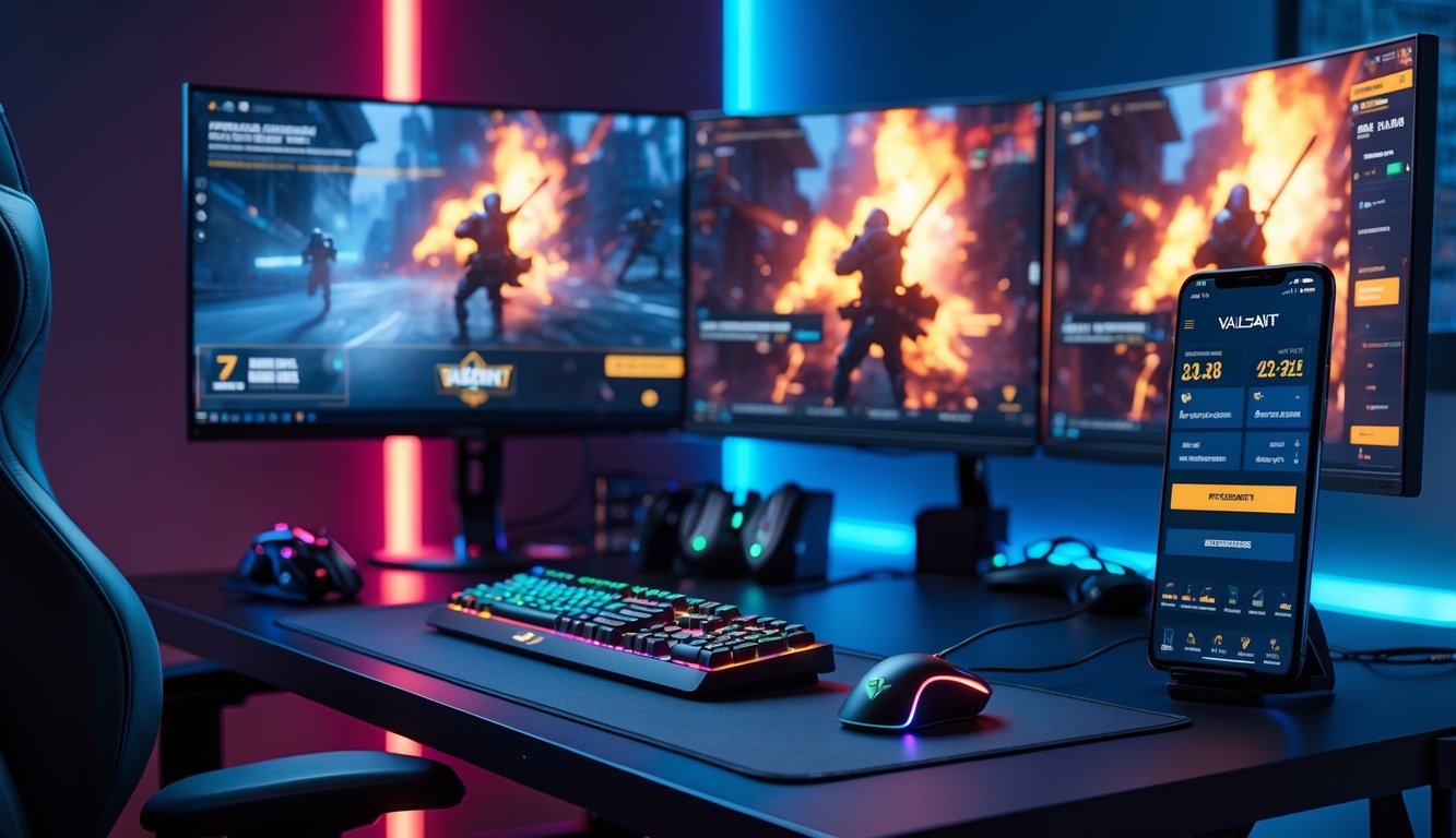 Sebuah meja gaming modern dengan dua monitor menampilkan permainan Valorant, keyboard dan mouse gaming dengan lampu RGB, kursi gaming, dan layar ponsel yang memperlihatkan situs taruhan esports.