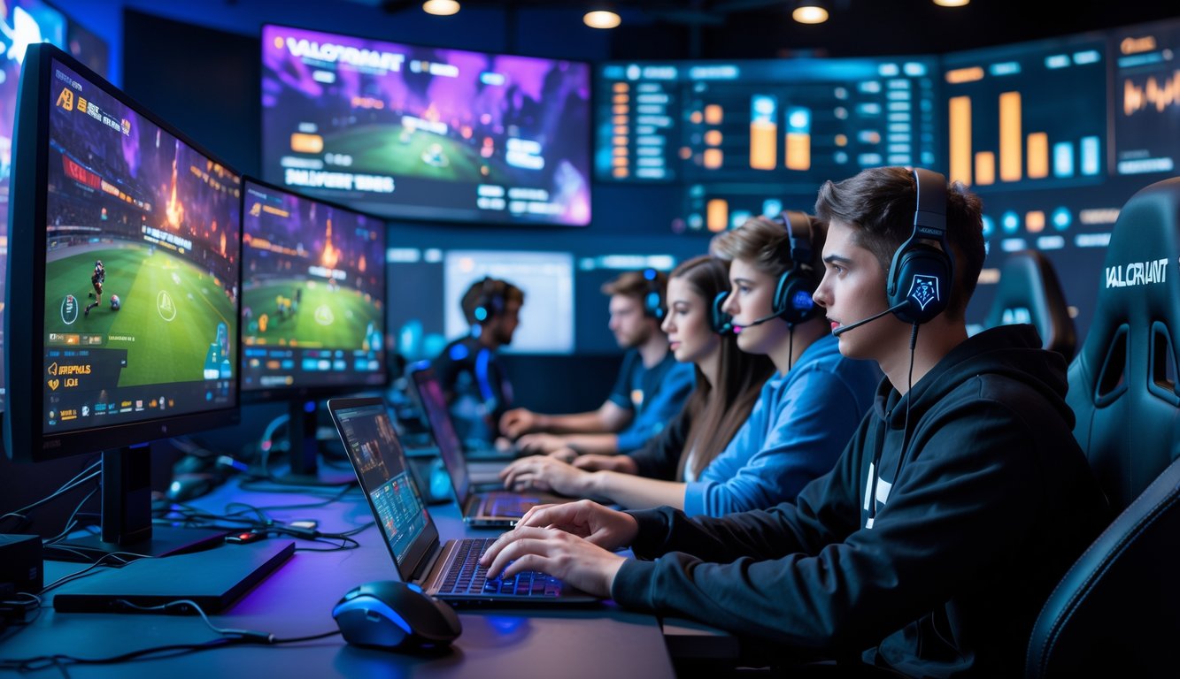 Sekelompok orang muda sedang menggunakan komputer dan ponsel untuk bertaruh pada turnamen Valorant di ruang gaming yang modern.