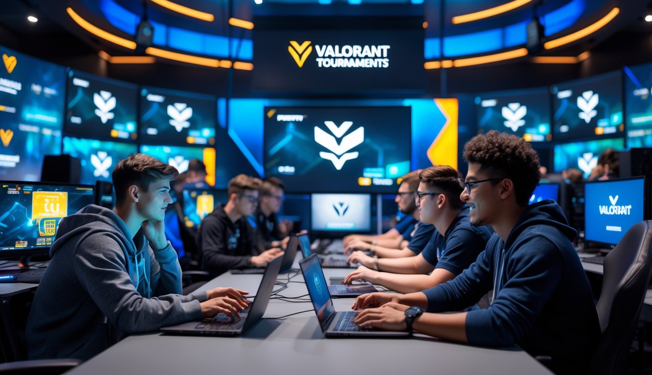 Sekelompok orang muda sedang bertaruh pada turnamen Valorant menggunakan laptop dan ponsel di ruangan gaming yang modern dengan monitor menampilkan gameplay Valorant.