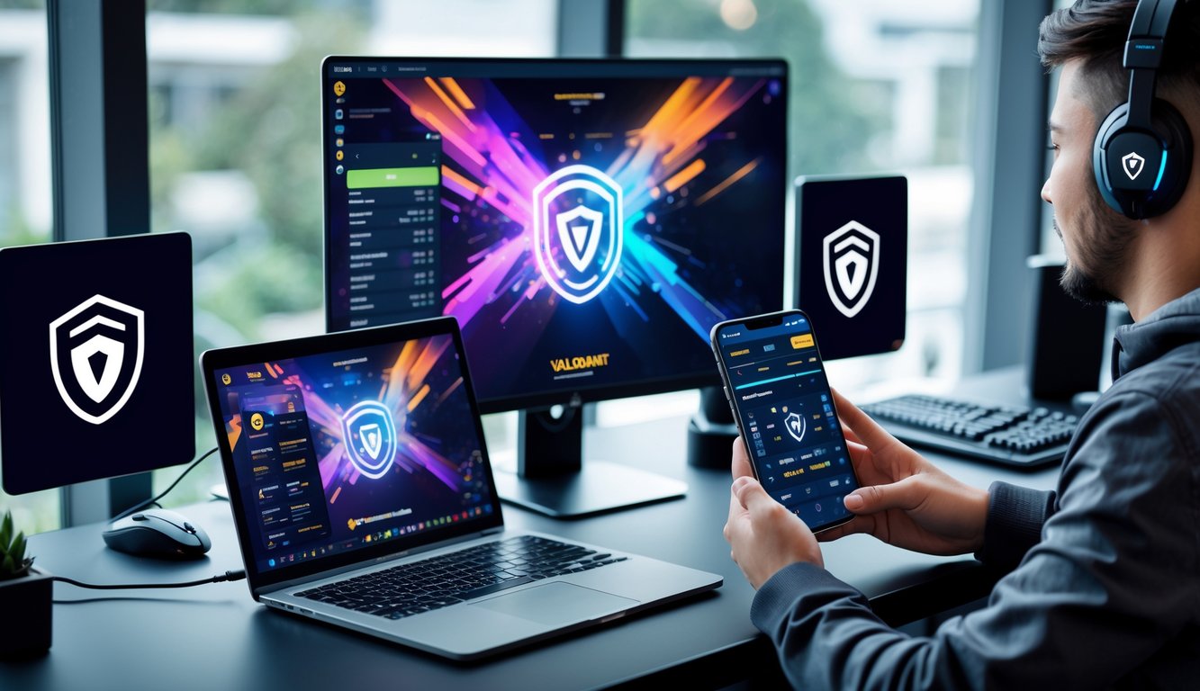 Seseorang duduk di meja kerja dengan komputer dan ponsel, menampilkan permainan Valorant di layar, menunjukkan aktivitas taruhan esports dengan suasana aman dan profesional.