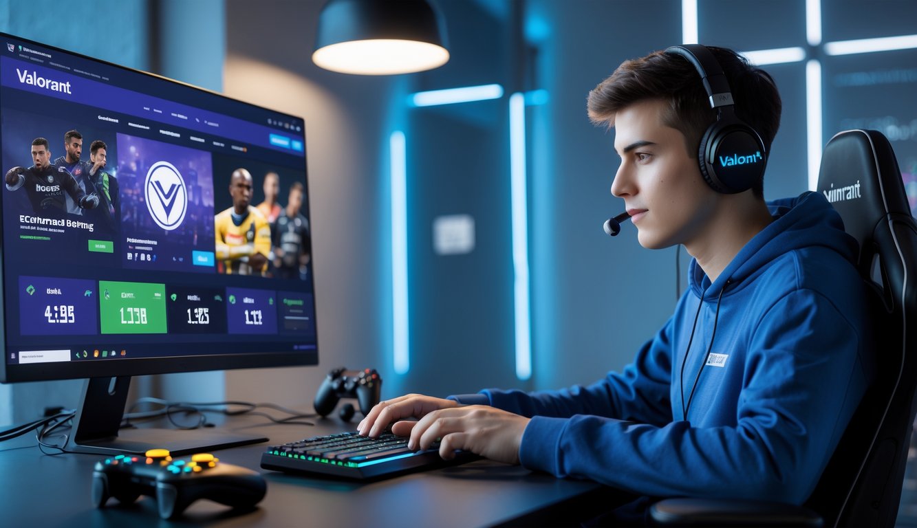 Seorang pria muda sedang menggunakan komputer di meja kerja dengan tampilan situs taruhan esports Valorant di layar, dikelilingi perlengkapan gaming.