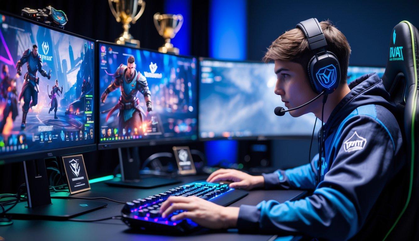 Seorang pemain esports profesional sedang bermain Valorant di depan dua monitor dengan suasana ruang gaming yang modern dan pencahayaan warna biru dan ungu.