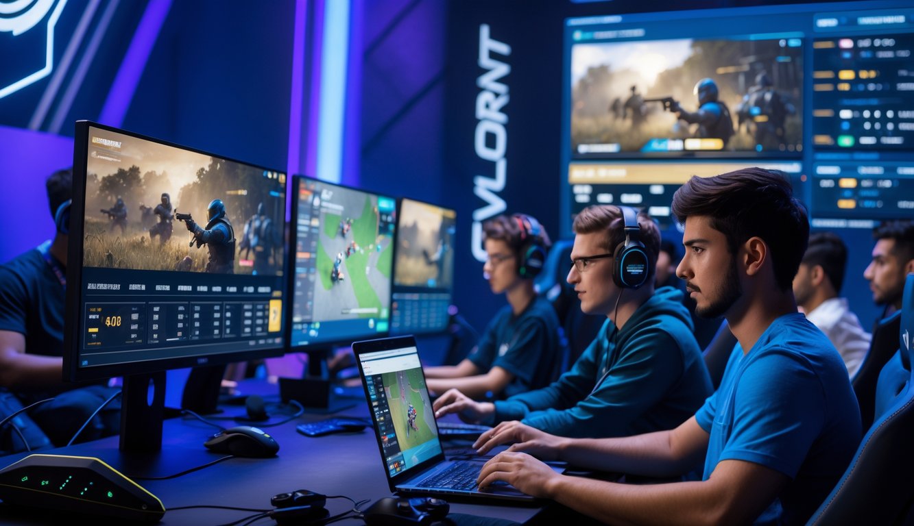 Sejumlah orang muda sedang menggunakan komputer dan ponsel untuk memasang taruhan pada pertandingan profesional Valorant di ruang gaming modern.