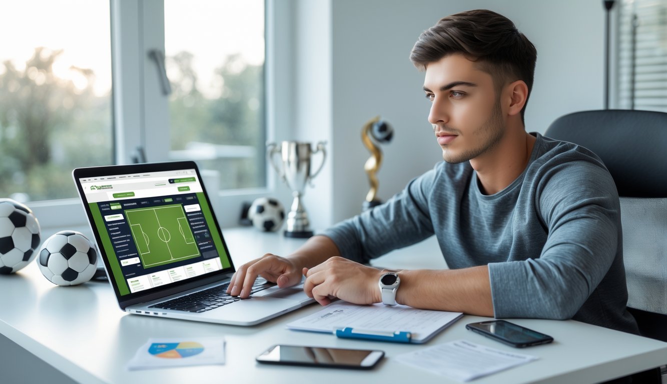 Seorang pria muda duduk di meja kerja dengan laptop dan ponsel, sedang mempelajari data taruhan bola di ruangan terang.
