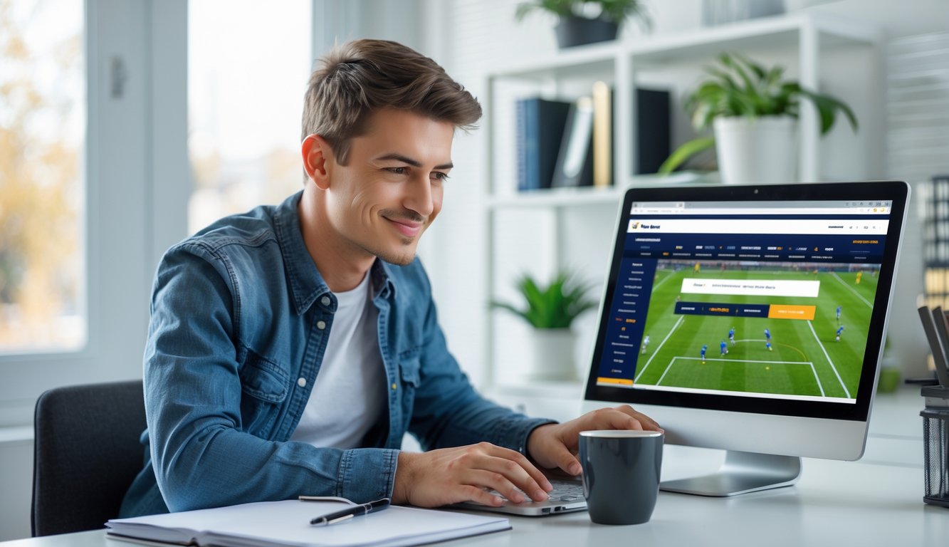 Seorang pria muda duduk di meja kerja dengan laptop, terlihat fokus dan tersenyum sambil melihat layar yang menampilkan situs taruhan bola, di ruangan terang dengan tanaman dan buku di latar belakang.