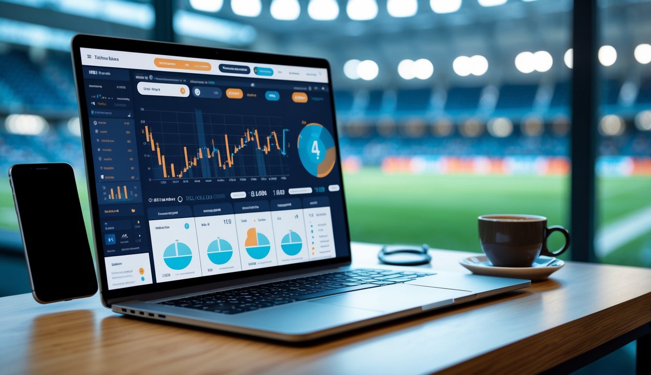Meja kerja dengan laptop, smartphone, dan cangkir kopi, di latar belakang terlihat stadion sepak bola dengan lampu sorot.