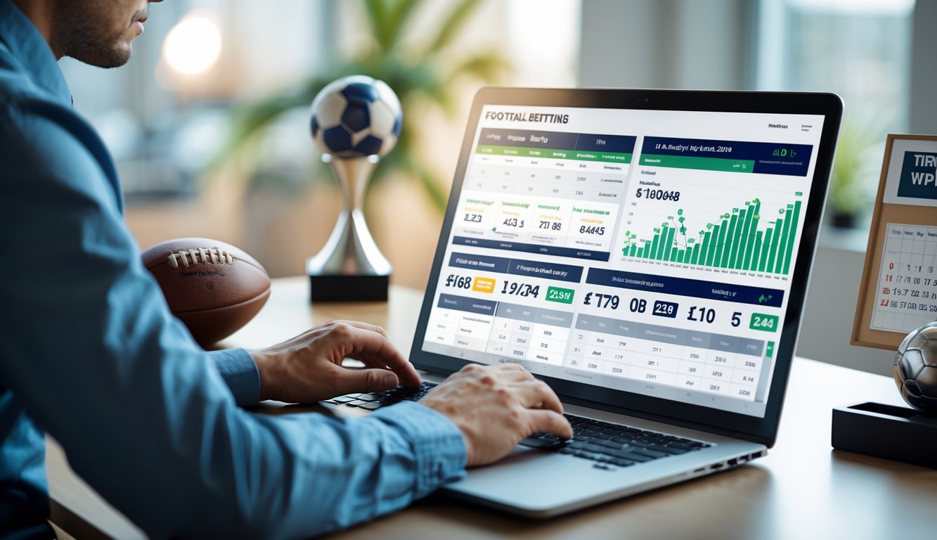 Seseorang yang fokus menggunakan laptop dengan layar menampilkan statistik dan prediksi skor sepak bola di meja kerja yang rapi dengan bola dan trofi kecil di sekitarnya.
