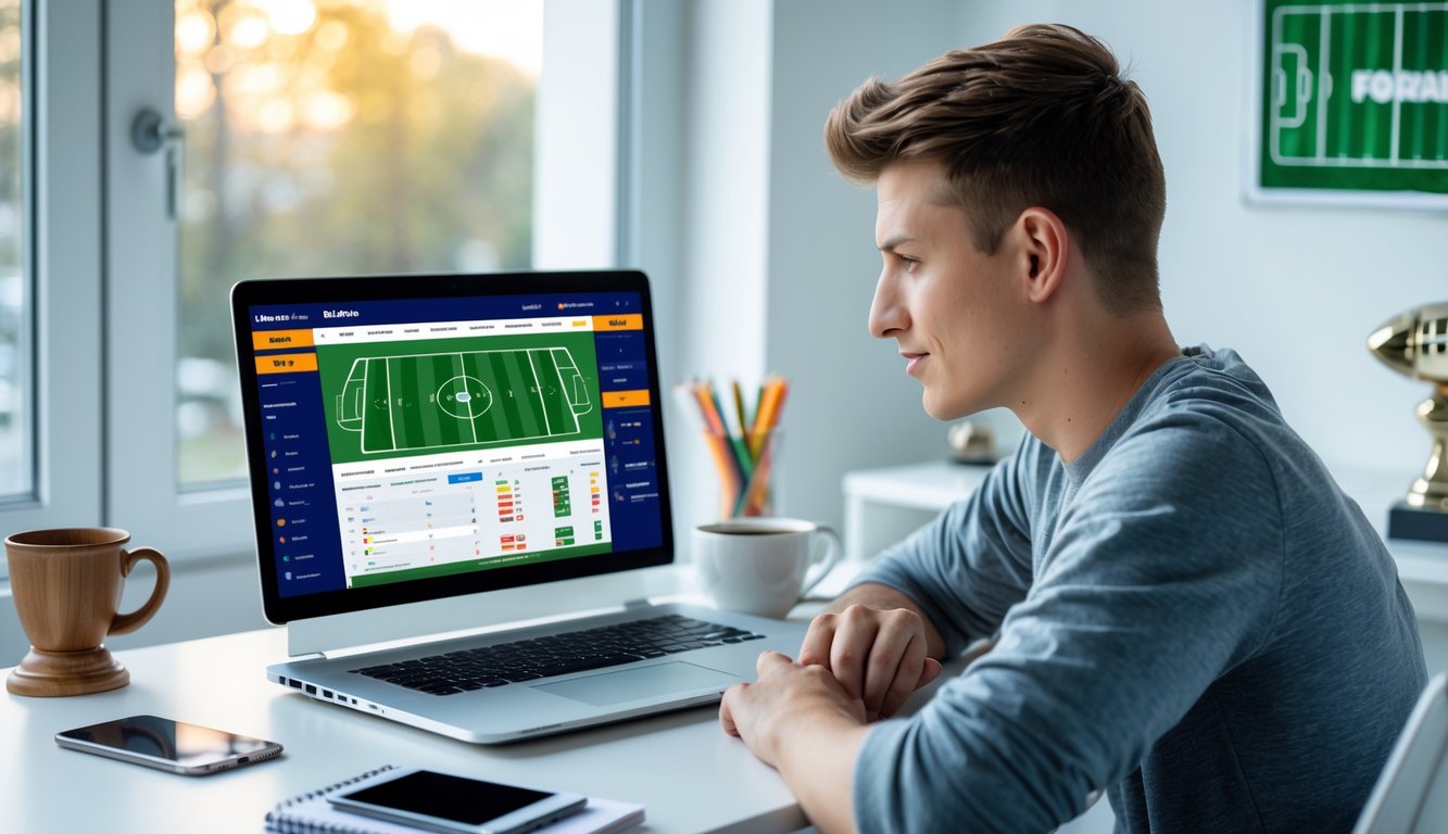 Seorang pria muda duduk di meja dengan laptop, mempelajari situs taruhan bola online di ruang kerja yang terang dan rapi.