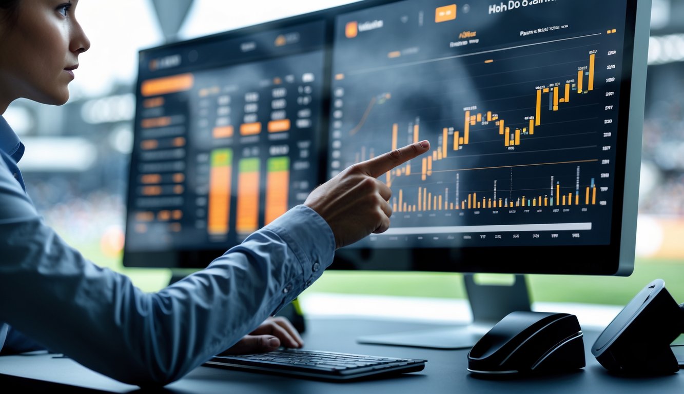 Seseorang sedang menganalisis data statistik pertandingan sepak bola terbaru di depan layar komputer di ruang kerja modern.