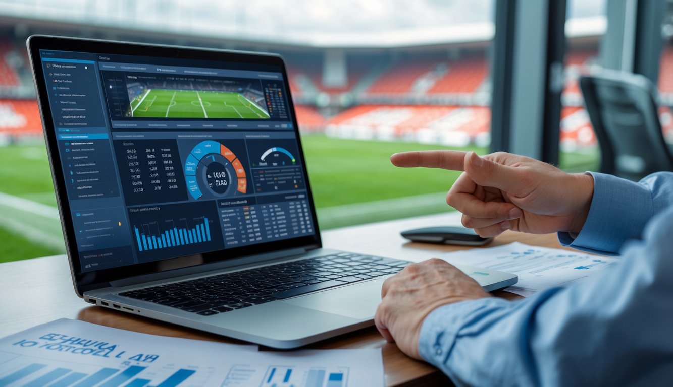Seorang profesional menunjuk layar laptop yang menampilkan statistik pertandingan sepak bola dengan grafik, di meja kerja yang modern dengan latar stadion sepak bola terlihat melalui jendela.