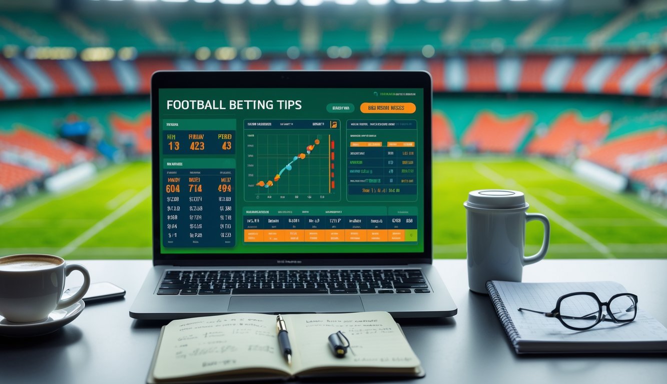 Meja kerja modern dengan laptop, ponsel, dan catatan terkait prediksi dan taruhan bola, dengan latar belakang stadion sepak bola.